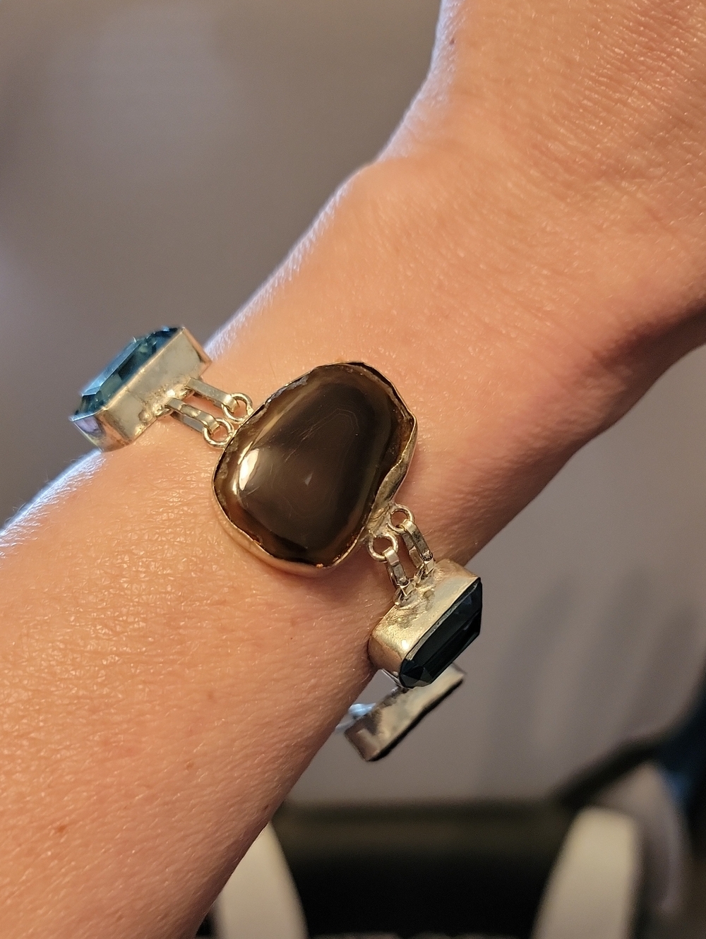 Sterling Silver Agate Bracelet With Synthetic Aquamarine And Black Accents